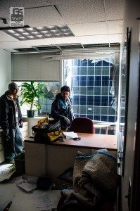 A window at my job, blown out by Super Storm Sandy ,