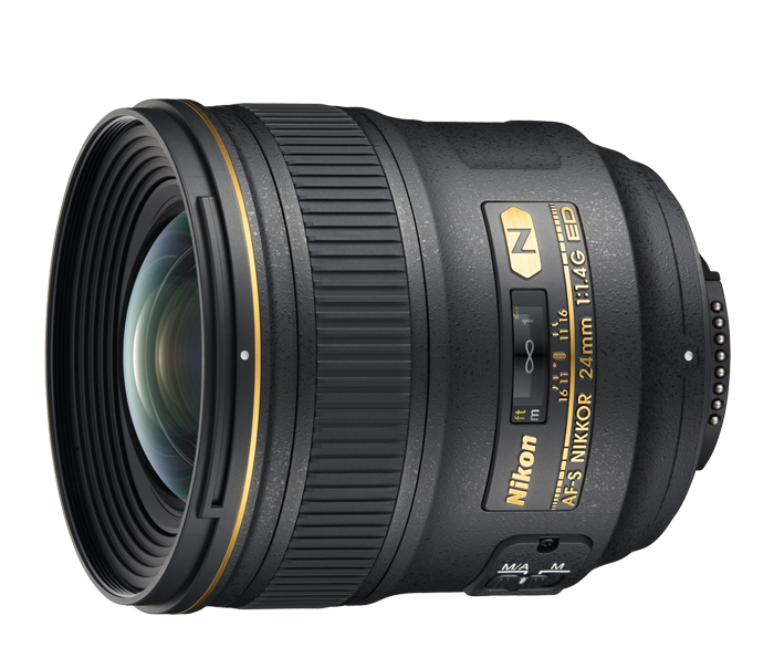 Nikon AF-S NIKKOR 24mm f/1.4G ED camera lens with gold accents on a light background.