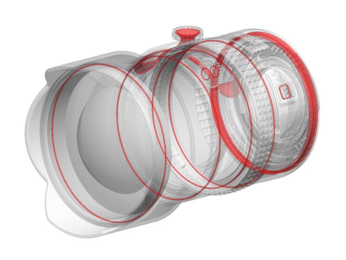 Pentax's 25mm f4 for their 645D camera system has weather seals in the red area in this diagram.