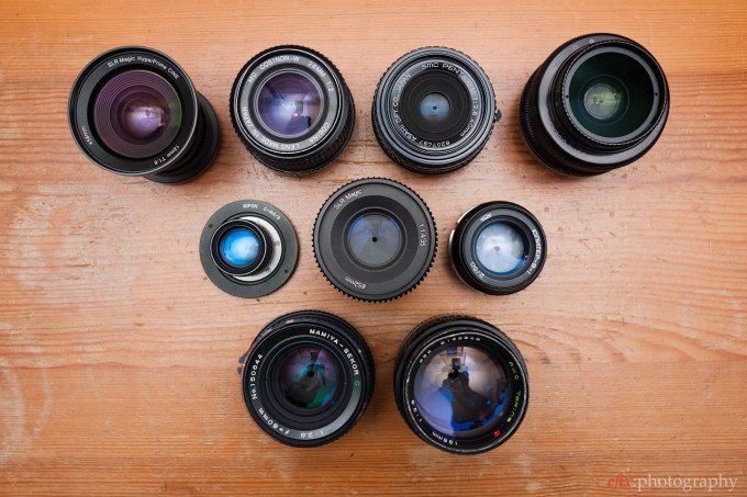 Various lenses with different physical and relative aperture sizes.