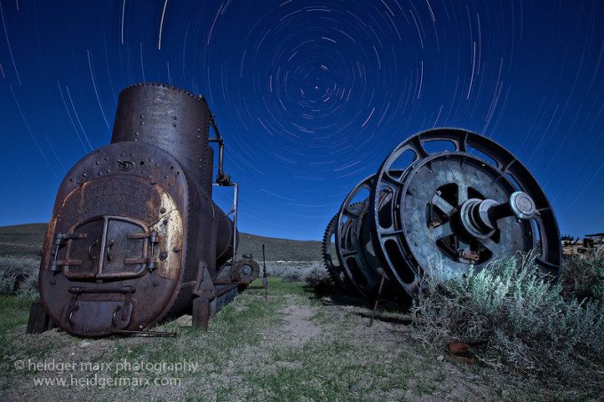 Night photography of old machinery at Bodie Ghost Town (stacked)