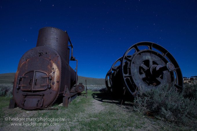 Night photography of old machinery at Bodie Ghost Town (used for stacking)