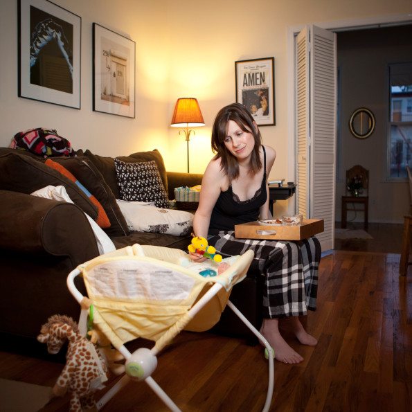 Kristy May has quick dinner, dandling her 1 month newborn baby. Age: 32 Time: 4:50 PM Location: Greenpoint, Brooklyn