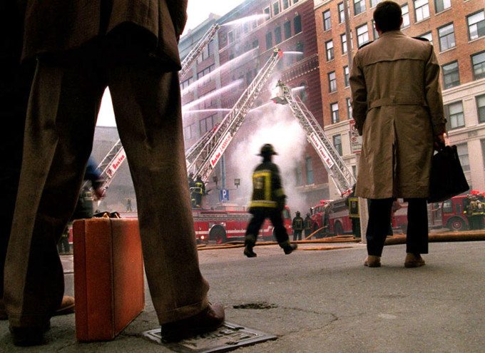 A five-alarm fire struck in the heart of Boston's Finical District Monday morning. It took over four hours to get the fire under control so that investigators could begin looking at the suspicious circumstances of the blaze. ©The Boston Globe/Thomas James Hurst 1998