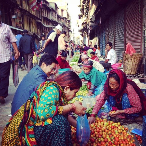 Street vendors in their daily routine in Basantapur, Kathmandu, Nepal. Photo by Elie Gardner