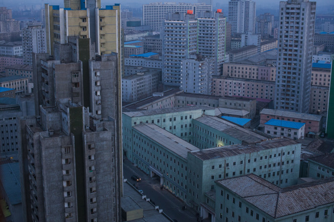 At dusk, the skyline of central Pyongyang, North Korea.