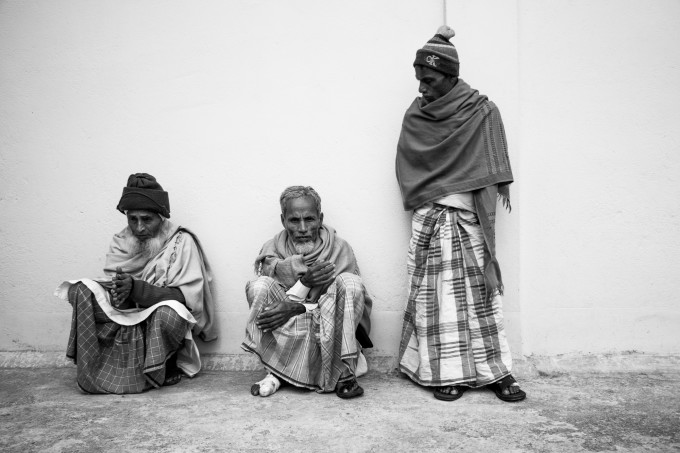 Three leprosy patients on the terrace of a hospital in West Bengal, India