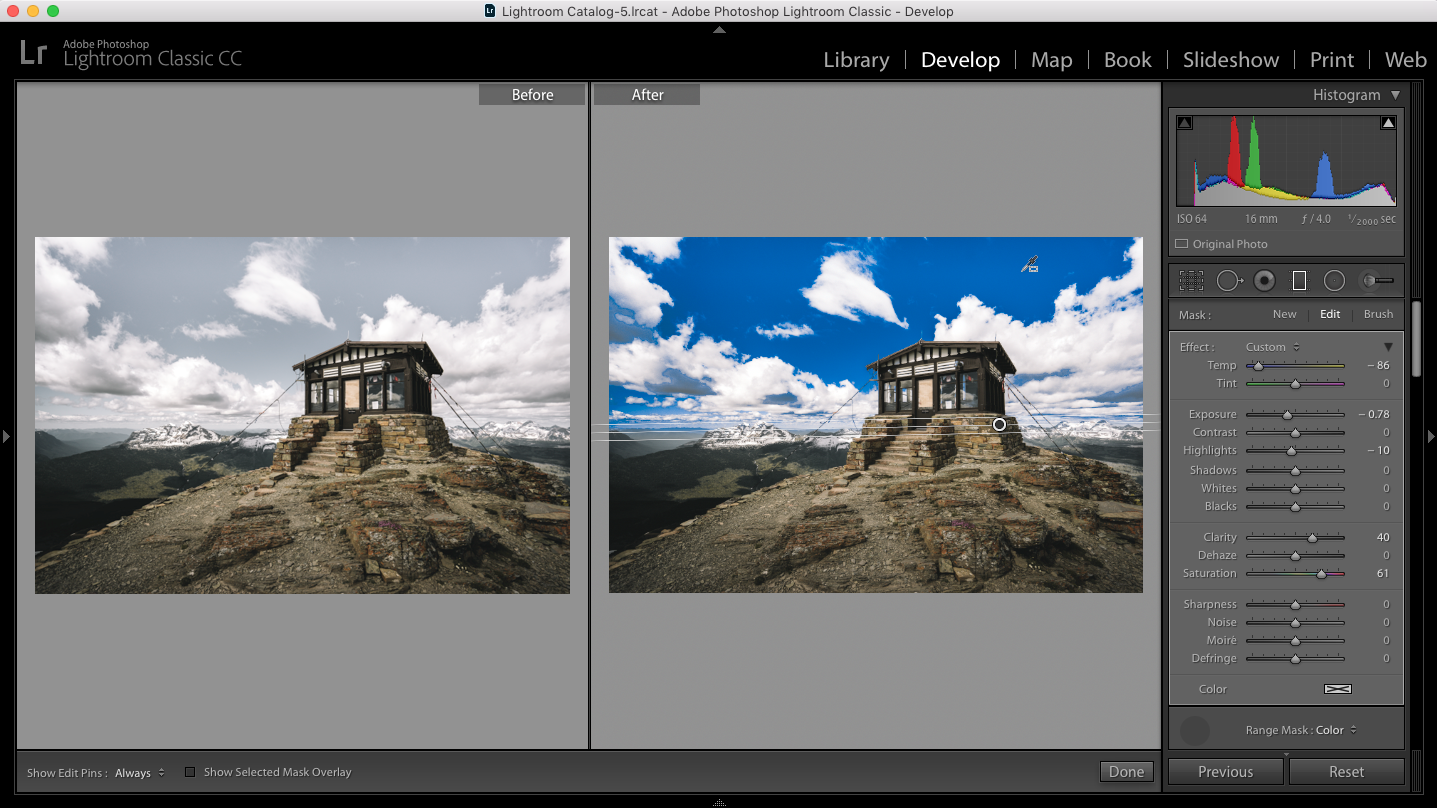 Lightroom Classic CC - Color Range Mask Before and After