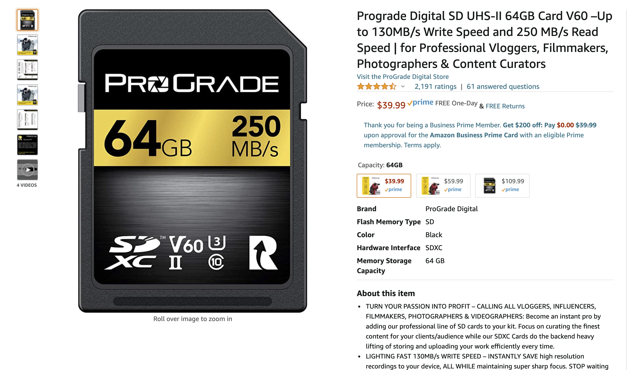 Prograde Digital SD UHS-II 64GB Card V60 listing