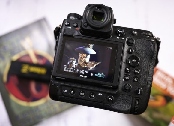 Close-up of a Nikon camera displaying a photo of a bird on a mushroom, with books and a flash drive nearby.