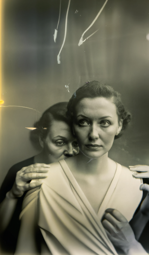 AI image that looks like an old sepia-toned photo from the 40s or 50s, showing a woman in a white dress looking apprehensively to her right, while an older woman behind her peeking over her shoulder puts her right hand on the younger woman's right upper armm