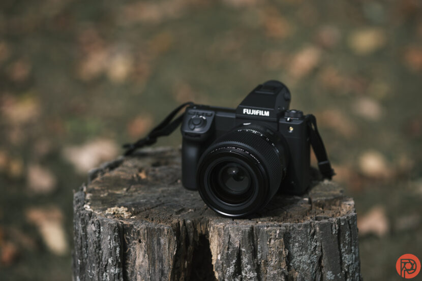 The Best of the Best Fujifilm Cameras. There are Only Two A Fujifilm camera with a large lens rests on a weathered tree stump outdoors.