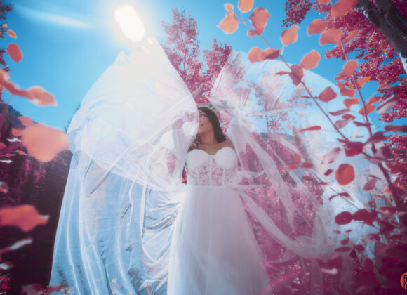Bride in a white dress stands outdoors with long veil, surrounded by pink foliage and blue sky.