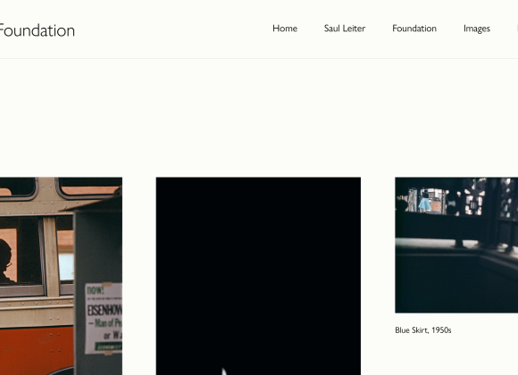 Website page for the Saul Leiter Foundation showing color street photographs and navigation menu.