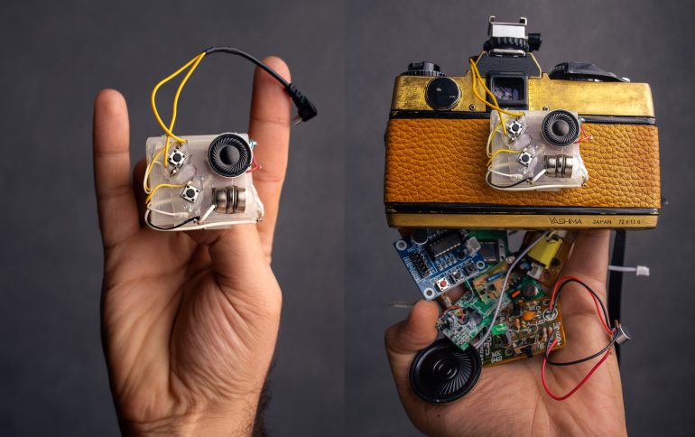 Two hands holding homemade electronic devices with wires and components, showcasing impressive DIY cameras. One device intriguingly resembles a vintage camera.