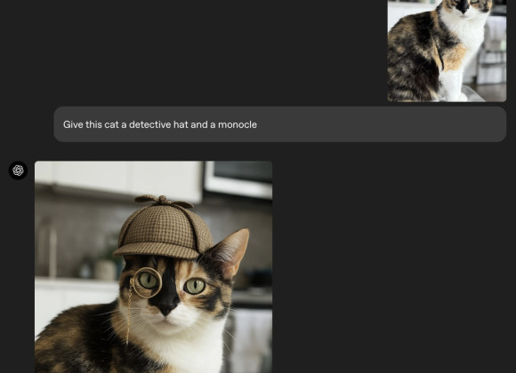 A cat wearing a detective hat and a monocle, sitting indoors. Image credit: X