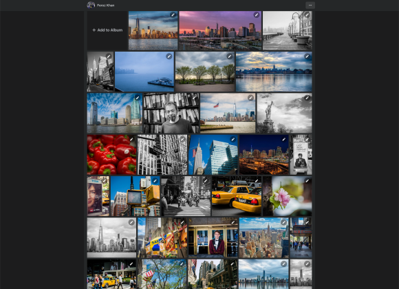 Thumbnail grid of cityscape photos, taxis, and urban scenes in an online photo album.
