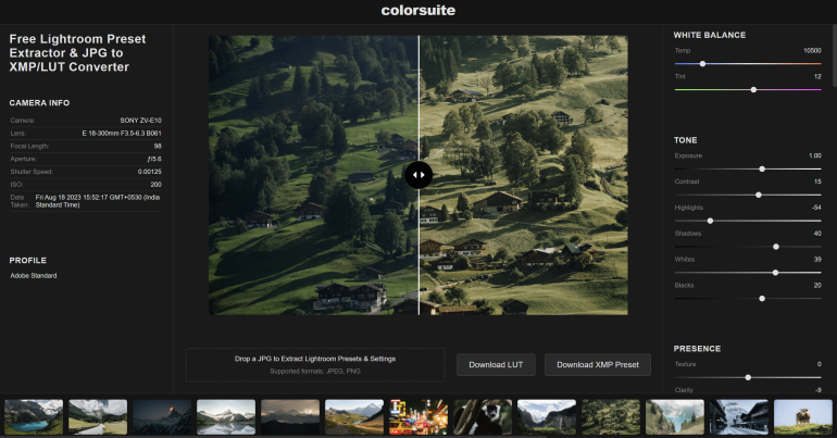 Image of a photo editing tool interface with a split-screen view of a landscape photo and adjustable settings on the right.