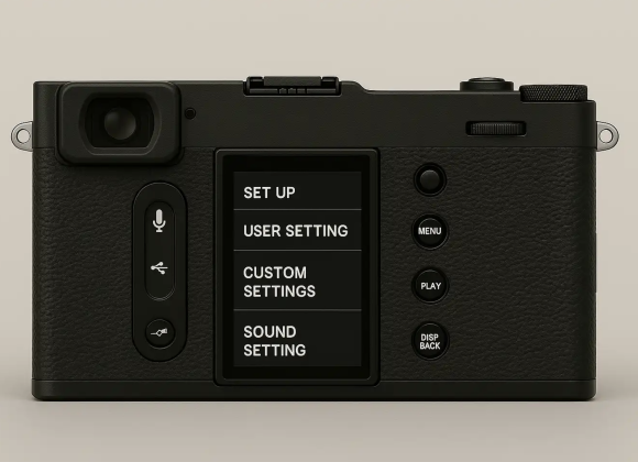 Back view of a black camera showing a settings menu on the screen with options like setup, user, and sound settings.