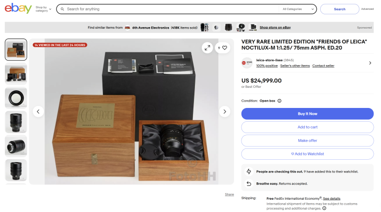 A Leica Noctilux-M 75mm lens with wooden box, certificate, and packaging shown in an eBay listing.