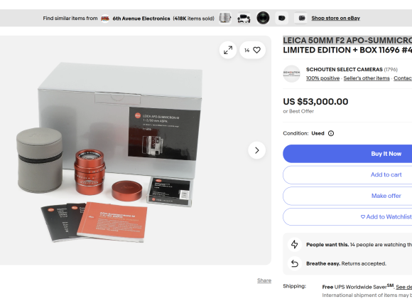Leica 50mm f2 APO-Summicron red lens limited edition, with box, case, papers, and accessories, listed for $53,000.