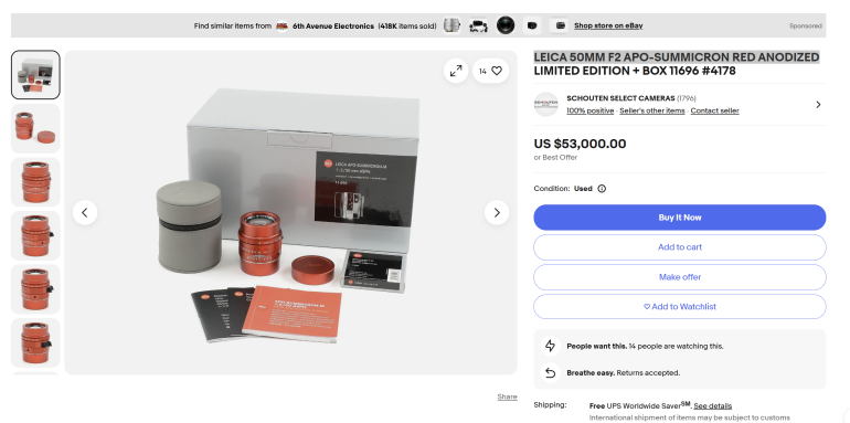 Leica 50mm f2 APO-Summicron red lens limited edition, with box, case, papers, and accessories, listed for $53,000.