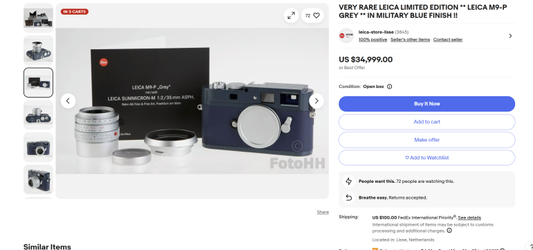 Leica M9-P Grey camera with lens, box, and accessories displayed on a white surface.