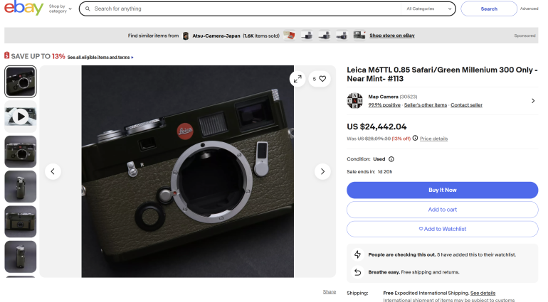 Close-up of a green Leica M6TTL camera body with red Leica logo, shown in an eBay listing.