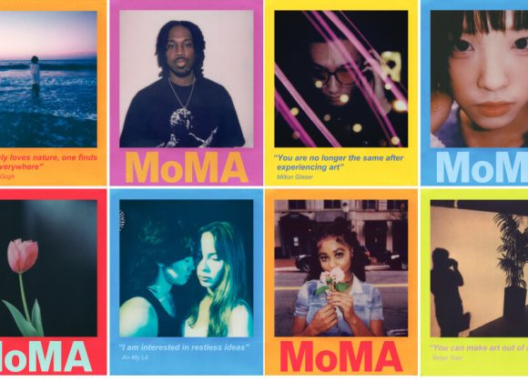 Polaroid x MoMA i-Type Color Film array featuring MoMA Logo and Artist Quotes.