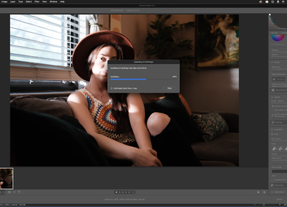 A photo editing software shows a woman in a hat sitting on a couch with a loading dialog box in the center.