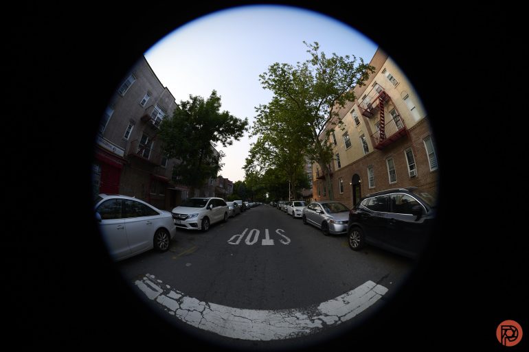 Fisheye lens view of a city street lined with parked cars, trees, and apartment buildings, STOP marked on road.