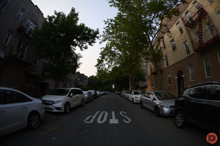 A residential street lined with parked cars and trees, with a large white STOP painted on the road.