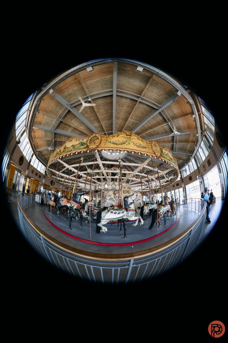 A fisheye view of a vintage indoor carousel with painted horses under a wooden ceiling.