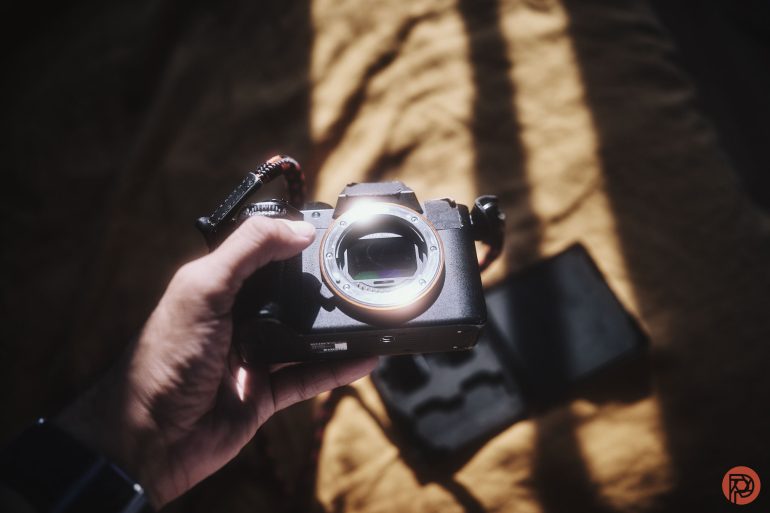 A hand holds a mirrorless camera body with no lens, in soft natural lighting.