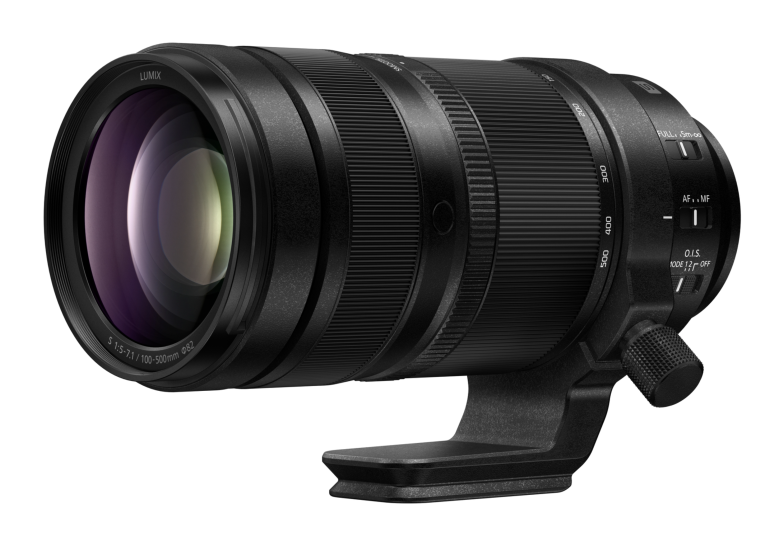 Black Panasonic Lumix camera lens with tripod mount, zoom and focus rings, shown on a white background.