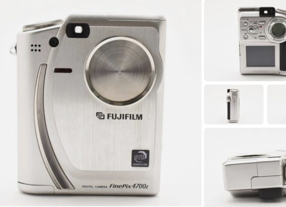 Fujifilm FinePix 4700 Zoom digital camera shown from multiple angles with silver body and lens cover.
