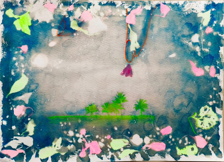 Abstract watercolor of palm trees on a small island, surrounded by colorful shapes and a blue, textured border.