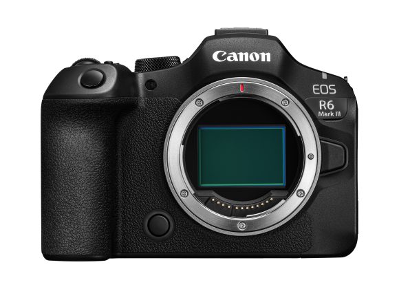 Front view of a Canon EOS R6 Mark III mirrorless camera body without a lens attached.