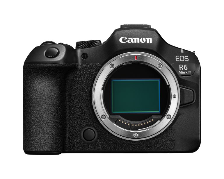 Front view of a Canon EOS R6 Mark III mirrorless camera body without a lens attached.