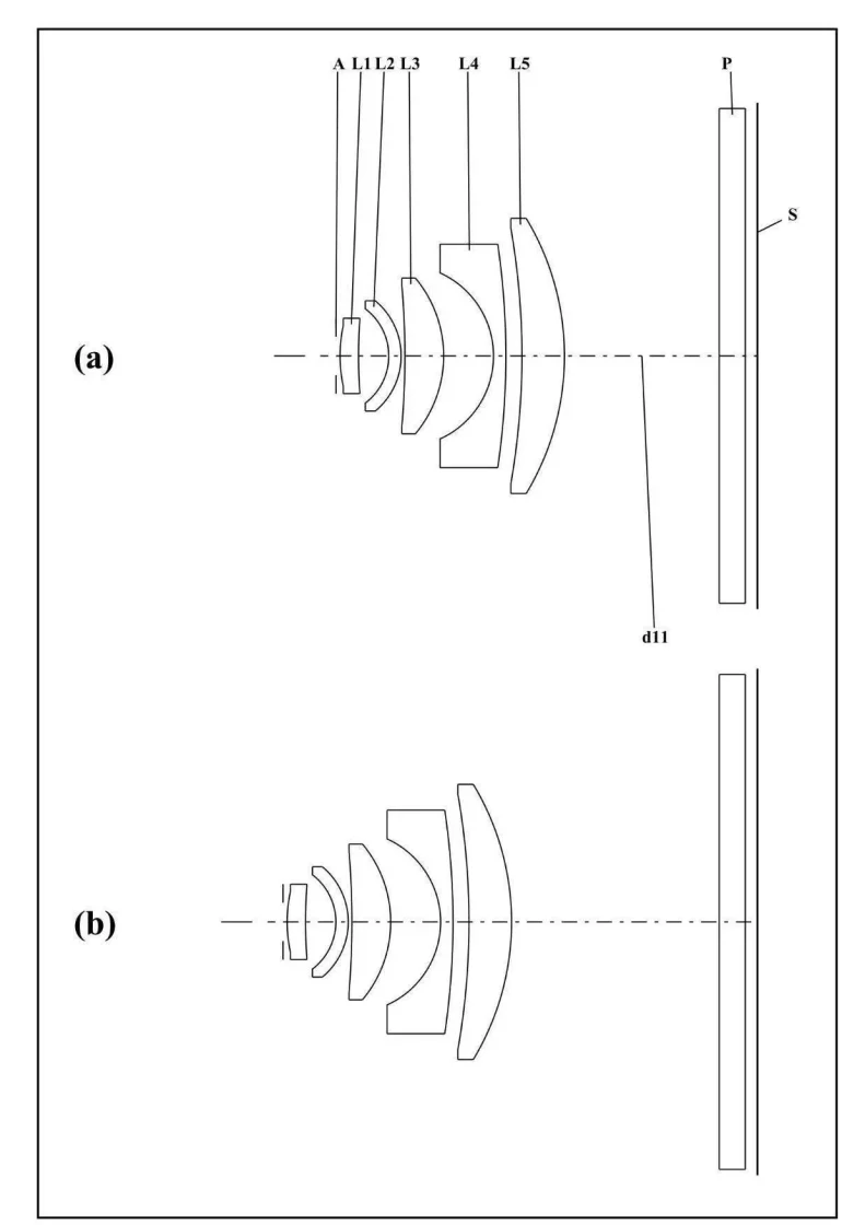 Diagram shows two cross-sections of lens systems labeled (a) and (b), each facing parallel lines marked “d1”.