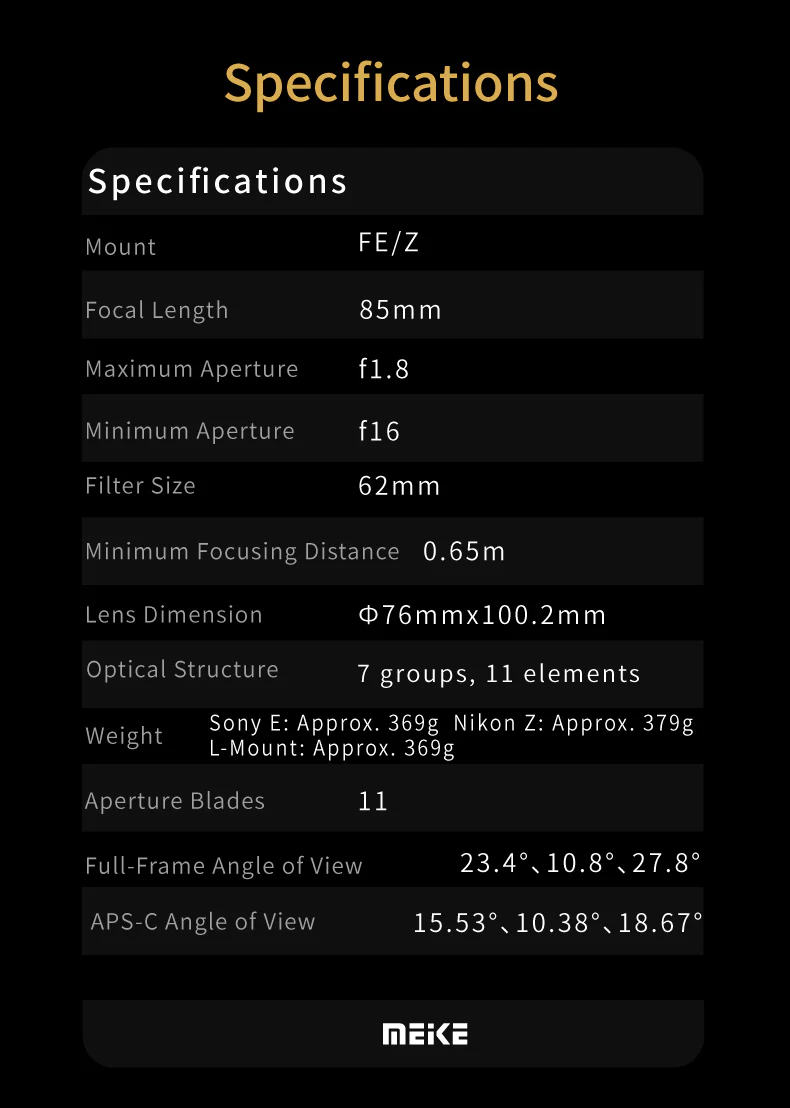 Table of camera lens specifications, including mount, focal length, aperture, filter size, and weight.
