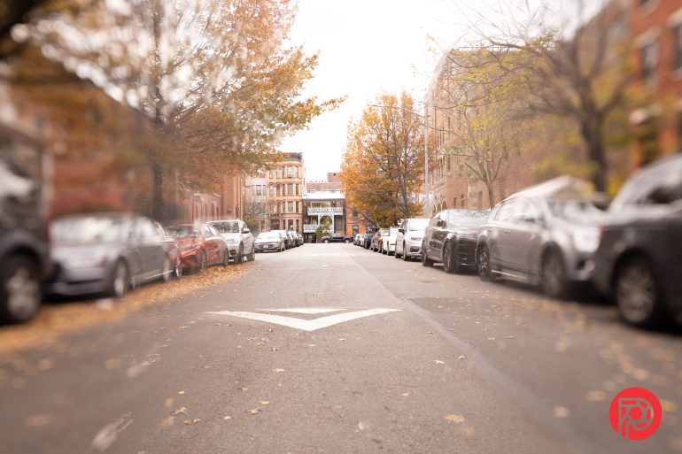 A tree-lined city street with parked cars on both sides and autumn leaves scattered on the ground.