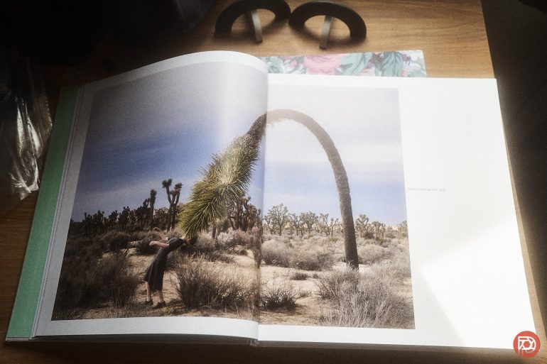 An open book on a desk shows a photo of a person bending beside a curved desert tree.