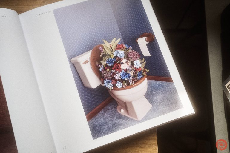 An open book shows a photo of a toilet bowl filled with colorful artificial flowers and greenery.