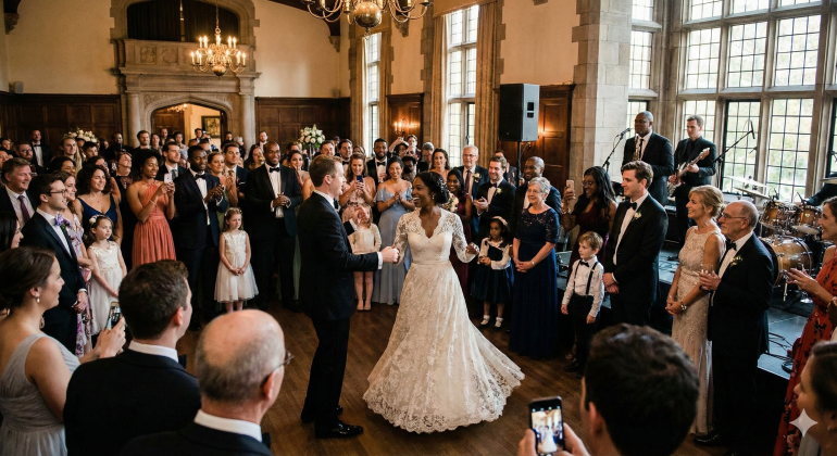 A bride and groom dance in the center of a ballroom, surrounded by guests in formal attire.