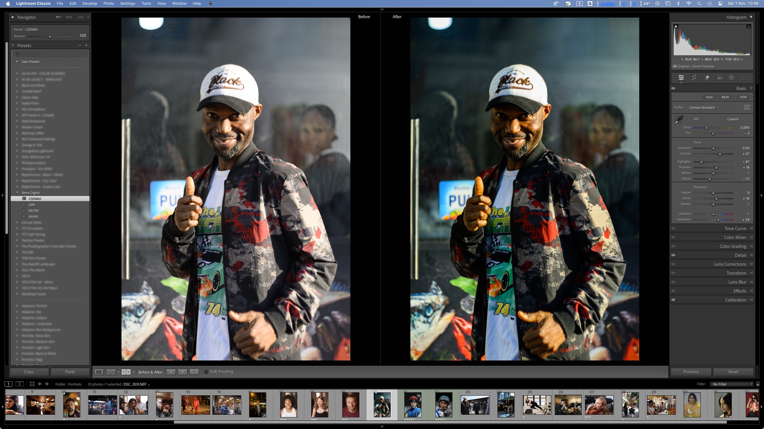 Photo editing software shows a man in a floral jacket and white cap posing and smiling at the camera.