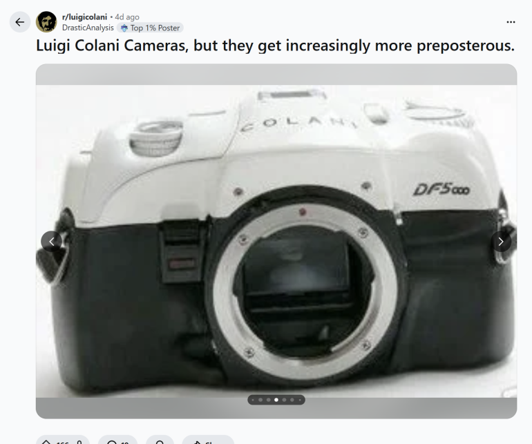 A white and black Colani DFS 600 camera body with a rounded, unusual design and no lens attached.