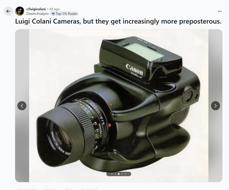 A futuristic black Canon camera with a large grip and an unusual, bulky, curvy design.