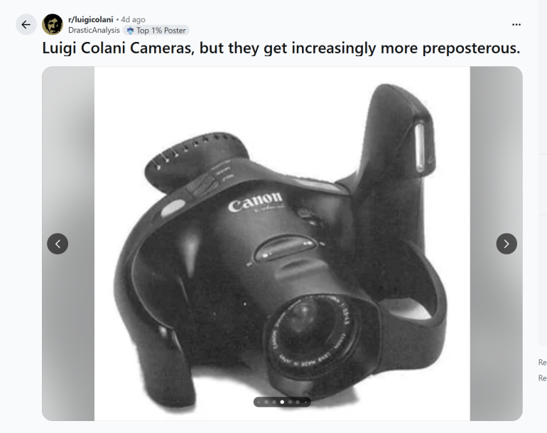 A futuristic, unusually shaped Canon camera with a rounded body and multiple protruding grips.