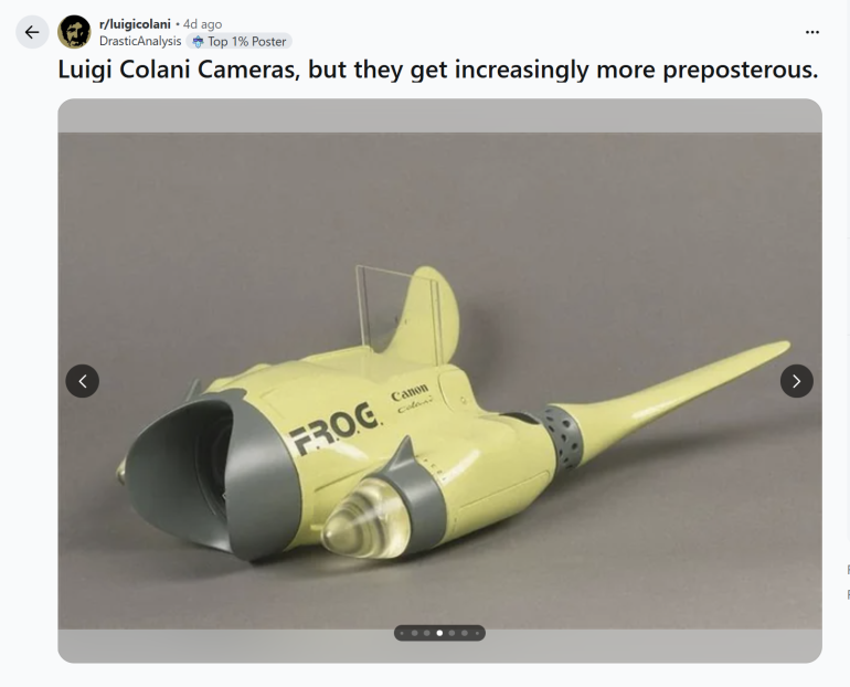 A yellow, futuristic camera shaped like a fish with FROG and CANON labels on its body.